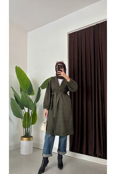 Aranlı tekstil Μανίκια Gathered Mobile Belted Oversize Cut Μπουρνούζι Τύπος Κασέ Γυναικείο παλτό