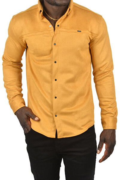 Rizz up Erkek Hardal Sarısı Likralı Çıtçıtlı Kırışmayan Süet Kumaş Slim Fit Cepsiz Mevsimlik Gömlek 2500556
