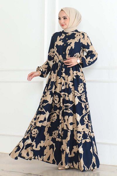 SGS Navy Blue Mina Patterned Hijab Dress