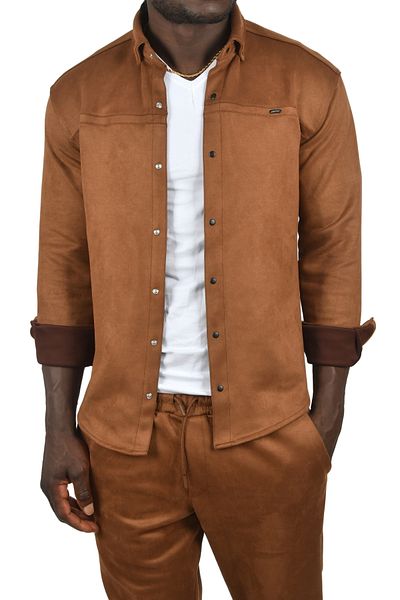 DeepSEA Ανδρικό πουκάμισο Suede Slim Fit - Καφέ Lycra, Snap Fastener, Χωρίς τσάκιση, Εποχιακό χωρίς τσέπες 2500556