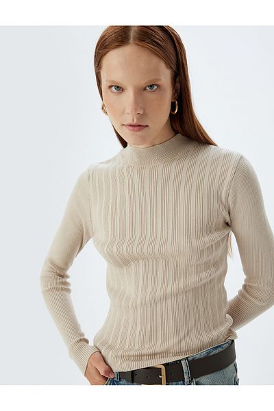 Koton Long Sleeve Textured Slim Fit Stand Collar Knitwear Sweater