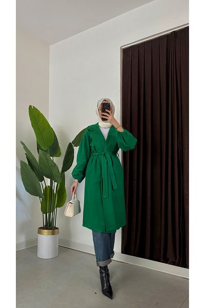 Aranlı tekstil Μανίκια Gathered Mobile Belted Oversize Cut Μπουρνούζι Τύπος Κασέ Γυναικείο παλτό