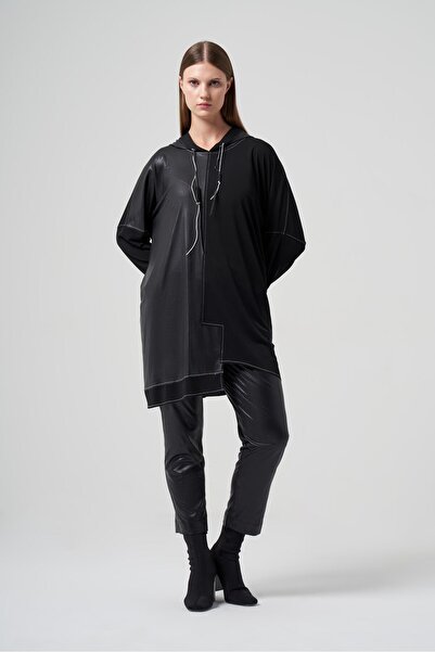 MÜSEMMA Büyük Beden Deri Detaylı Kapüşonlu Neşe Tunik - Siyah