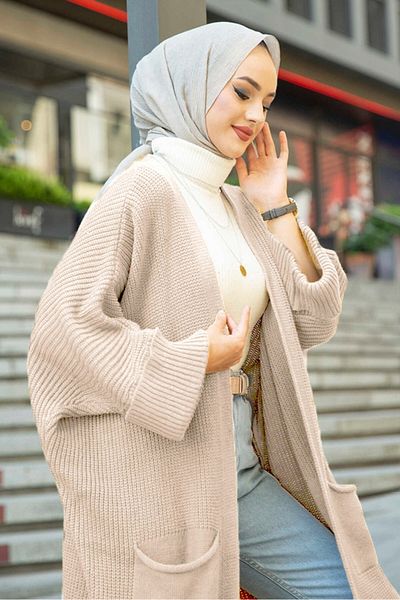 Bestenur Eftalya سترة حجاب طويلة بجيب مزدوج 329 - بيج