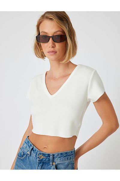 Koton T-Shirt Viscose Crop - V-λαιμόκοψη, κοντό μανίκι, Slim Fit