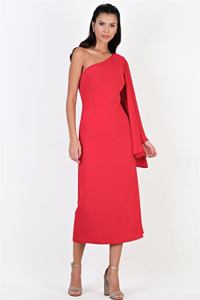 Spazio Clario Geniş Kesim Tek  Kol Uzun Abiye Elbise KIRMIZI