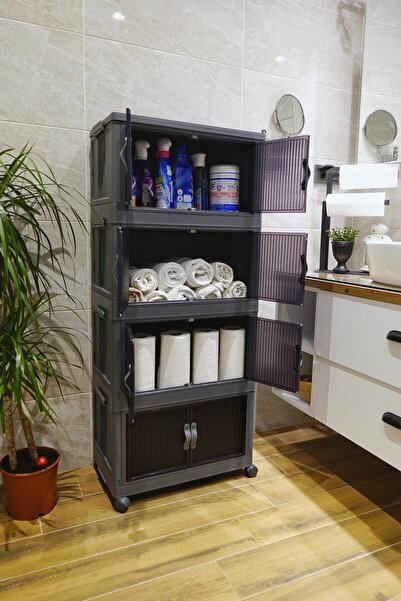 EVLE 4'lü Portatif Istiflenebilir Tekerlekli Organizer Dolap Plastik Banyo Mutfak Dolapları, Antrasit