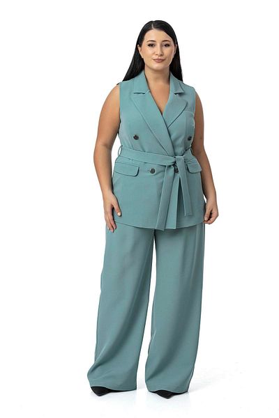 DISENTIS MODEST Plus Size Double-Breasted Vest Trousers Mint Green Double Set