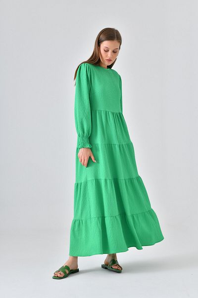 Saade Green Crew Neck Sleeve Gipe Detailed Layered Dress
