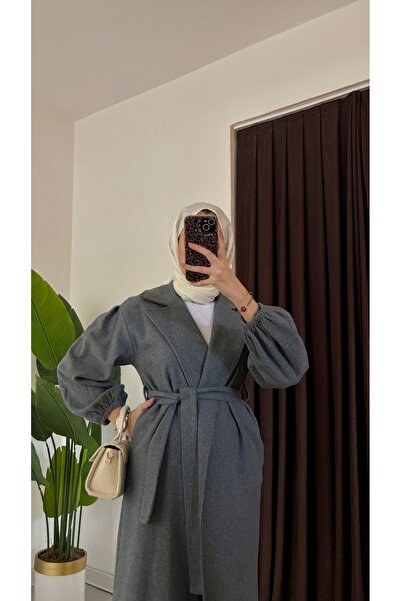 Aranlı tekstil Oversize Cut Bathrobe Type Stamped Women's Coat with Gathered Sleeves and Mobile Belt