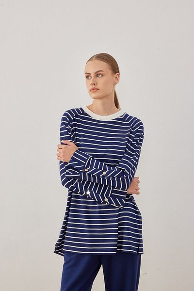 MVStore Hanorac de damă, cu nasturi aurii, cu dungi alb-negru, de bază, moale, texturat