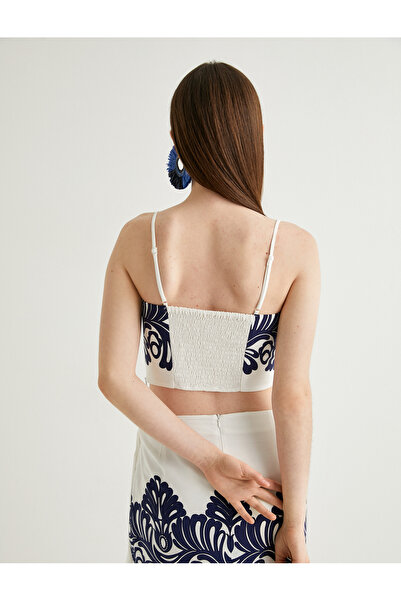 Koton X Melis Ağazat - Květinový crop bustier z lněné směsi s tenkými ramínky