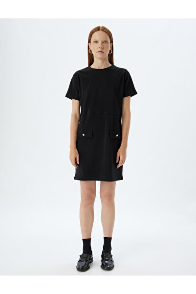 Koton Mini Kısa Kollu Elbise Yuvarlak Yaka Kapaklı Cep Detaylı