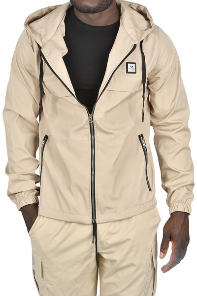 DeepSEA Μπεζ ανδρικό παλτό Slim Fit - Αδιάβροχο και αντιανεμικό, με κουκούλα, βροχερό με φερμουάρ