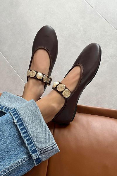 STRASWANS Leonardo Women's Leather Ballerinas - Accessory Detailed, Brown Color