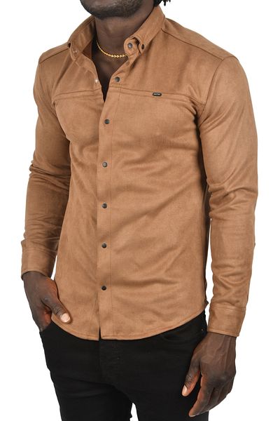 DeepSEA Светлокафява мъжка риза Slim Fit - ликра и немачкащ се велур 250