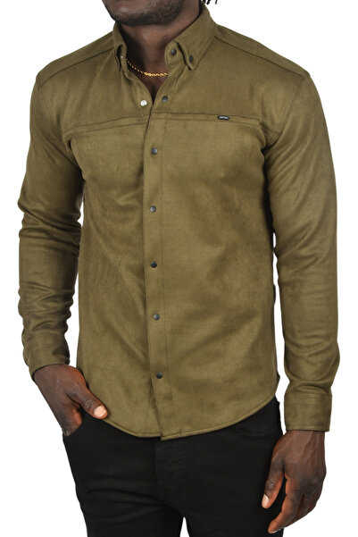 DeepSEA Χακί Suede Slim Fit πουκάμισο - Lycra, Αντιρυτιδικό, Εποχιακό χωρίς τσέπες 2500556