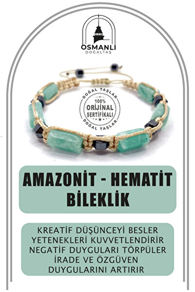 OSMANLI DOĞAL TAŞ Genuine Original Amazonite-Hematite Natural Stone String Bracelet (Cornered Macrame Model) - Certified