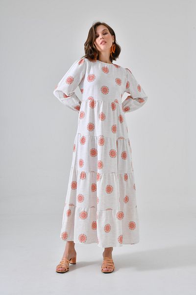 Saade Orange Crew Neck Sleeve Gipe Detailed Layered Dress