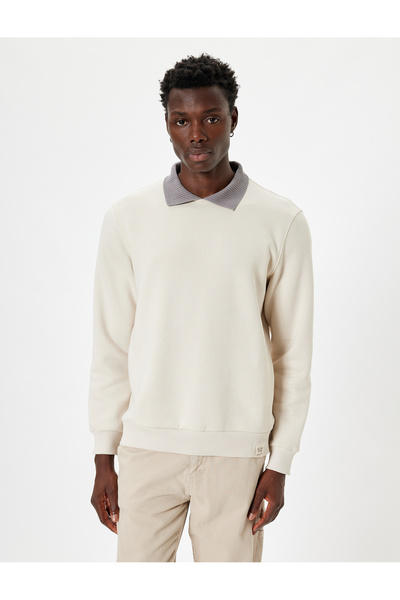Koton Polo Yaka Sweatshirt Basic Uzun Kollu Şardonlu Pamuk Karışımlı