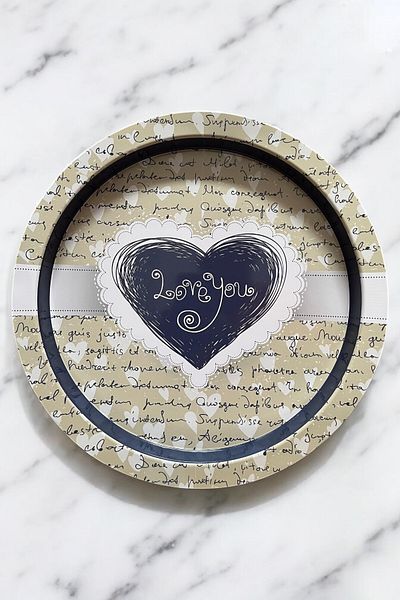 EVLE Heart Patterned, I Love You Round Metal Tray 37 cm