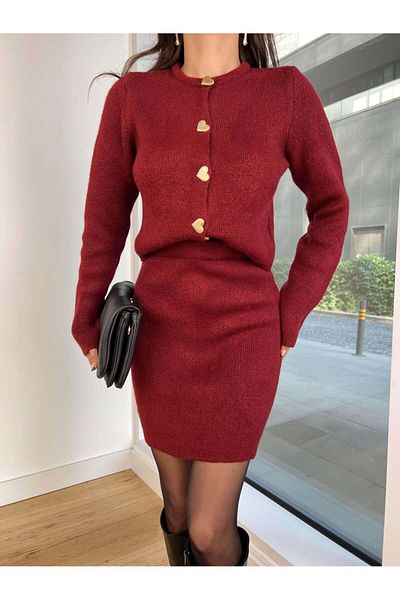 HARMONY GLOBAL Claret Red Heart Patterned Soft Knitwear Women's Set - Cardigan and Mini Skirt Tt0004