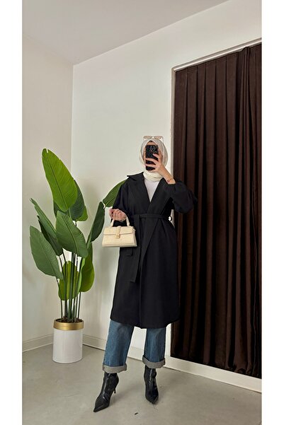Aranlı tekstil Oversize Cut Bathrobe Type Stamped Women's Coat with Gathered Sleeves and Mobile Belt
