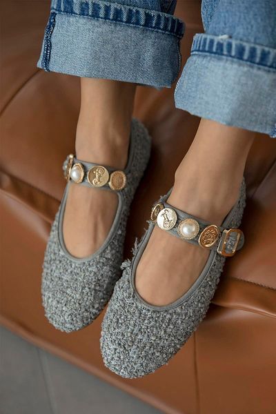STRASWANS Leonardo Women - Gray Linen Ballerinas with Accessory Detail