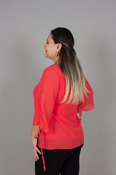 Truva XXL Plus Size Necklace Chiffon Blouse Sleeve Shirred