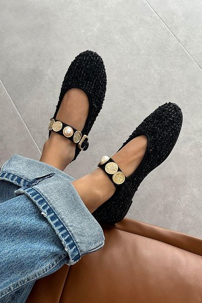 STRASWANS Leonardo Women - Black Linen Ballerinas with Accessory Detail