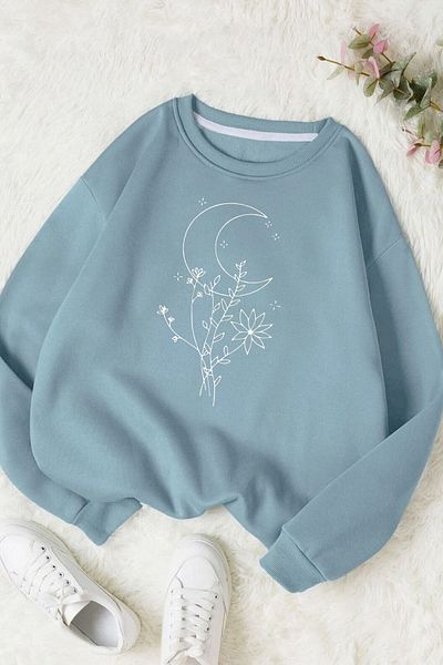 Moda Glo Hanorac unisex din bumbac cu decolteu rotund cu imprimeu Moon Dede