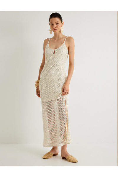 Koton X Melis Ağazat - Long Crochet Dress with Lining, Thin Straps, and Mesh