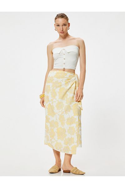 Koton X Melis Ağazat - Viscose Midi Length Floral Double Breasted Skirt with Side Tie