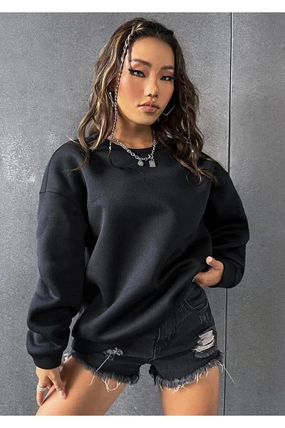 Moda Glo Brooklyn 1898 Printed - Hanorac negru oversize din bumbac fără glugă