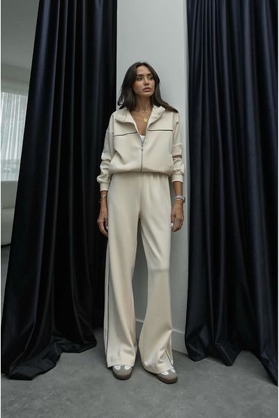 BRTC design Beige Women's Tracksuit Set - Piping Detail, Elastic Waist, Wide Leg