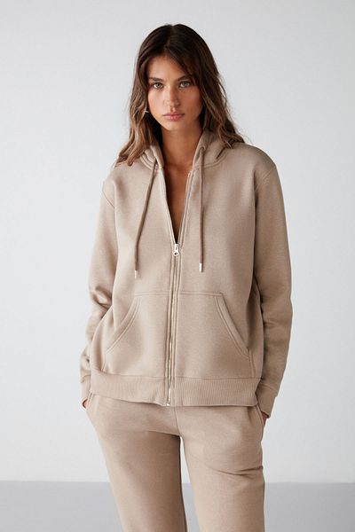 GRIMELANGE Carlota Damen-Sweatshirt aus weichem Fleece mit 3 Fäden, entspannt, mit Kapuze, Reißverschluss, Nerz