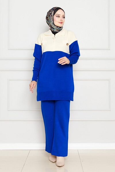 Sevitli Saks Blue Knitwear Set - Trucker Collar and Button Detail