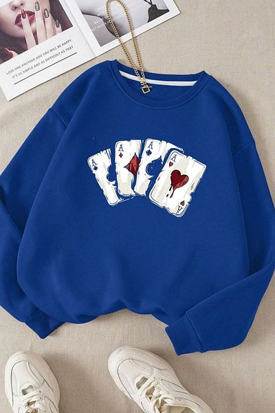 Moda Glo Унисекс памучен суичър с кръгло деколте с карти за игра
