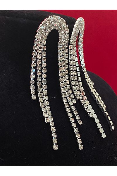 Hepimizin Silver Jewelled Tasseled Dangle Evening Dress Earrings