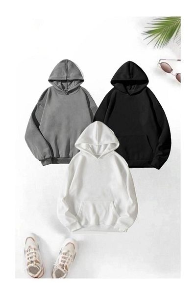 Moda Glo Set of 3 Unisex Oversize Hooded Sweatshirt - Plain Unprinted