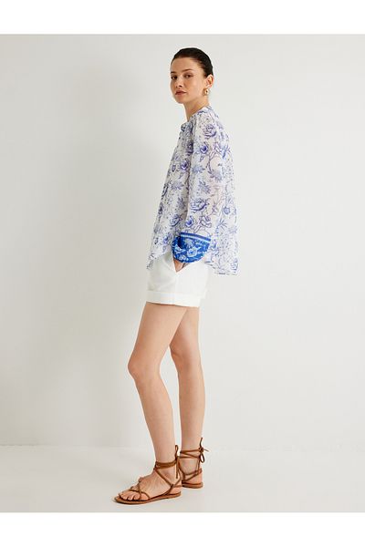Koton X Melis Ağazat - Floral Patterned Collarless Long Shirt