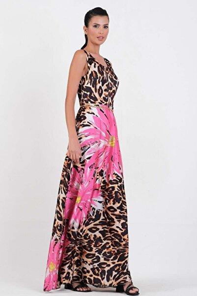 Spazio Pattavina V Yaka Zincir Kemerli Uzun Abiye Elbise FUŞYA
