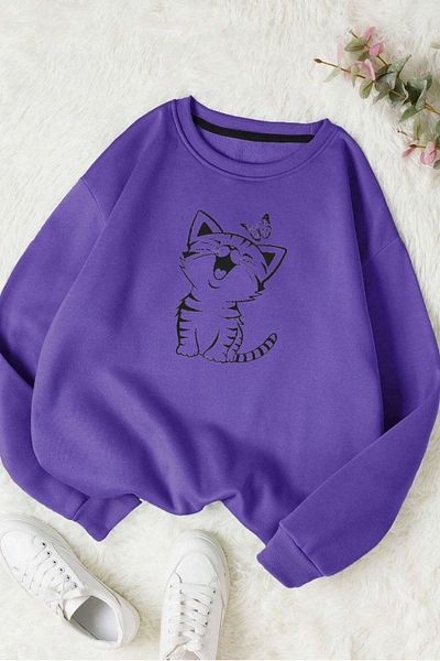 Moda Glo Унисекс памучен суитшърт с щампа на котка и кръгло деколте
