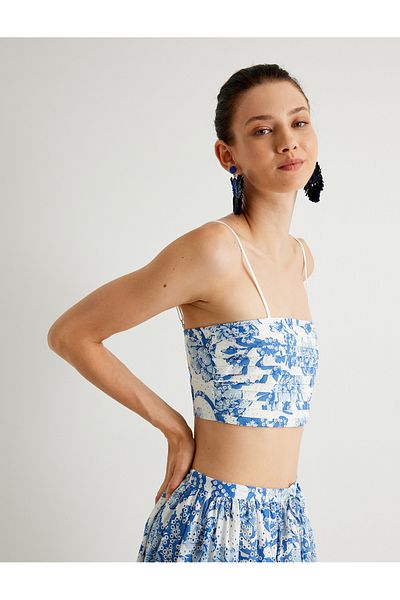 Koton X Melis Ağazat - Μπουστάκι με φλοράλ μοτίβο Slim Fit Crop, Λεπτές τιράντες