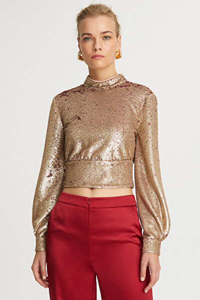 Perspective Laras High Collar Sequined Long Sleeve Gold Color Evening Dress Blouse