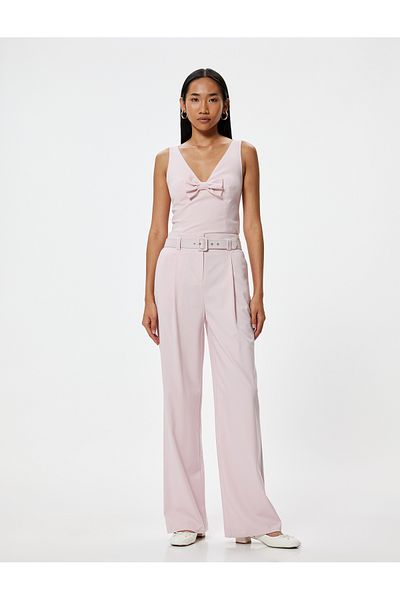 Koton Tuba Unusal - Pile Detailed Trousers with Palazzo Belt and Pockets