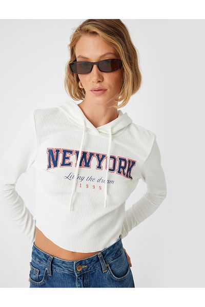Koton Ribbed Printed Long Sleeve Slim Fit College Hooded Sweatshirt
