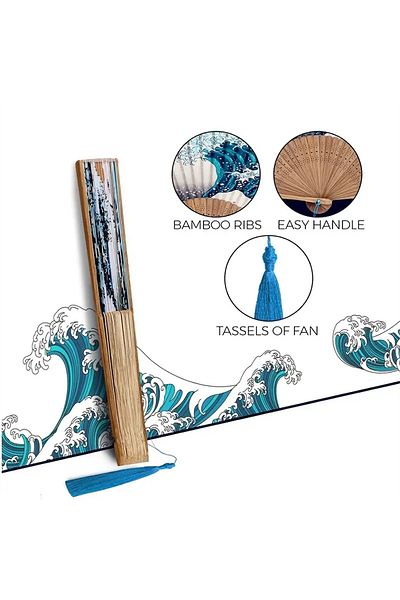 Choice 9 Inches 1pc, Japanese Folding Fan Handmade Decorative Kanagawa Wave Foldable Fan Handheld Vintage H