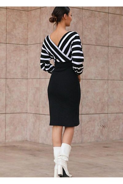 Kokosh moda Rochie tricotată scurtă cu mânecă lungă, cu decolteu dublu, cu imprimeu