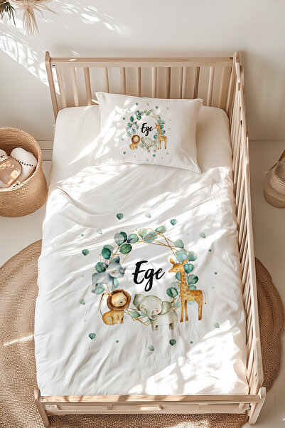 Lilabio %100 Pamuk Isme Özel Isimli Montessori Yatak Nevresim Takımı (100X200 CM) Safari